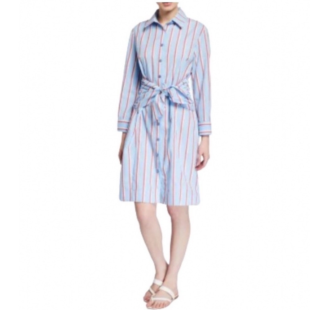 Finley Shirt Dress Womens M Blue Red Striped Metallic Tie Waist Button Front NWT